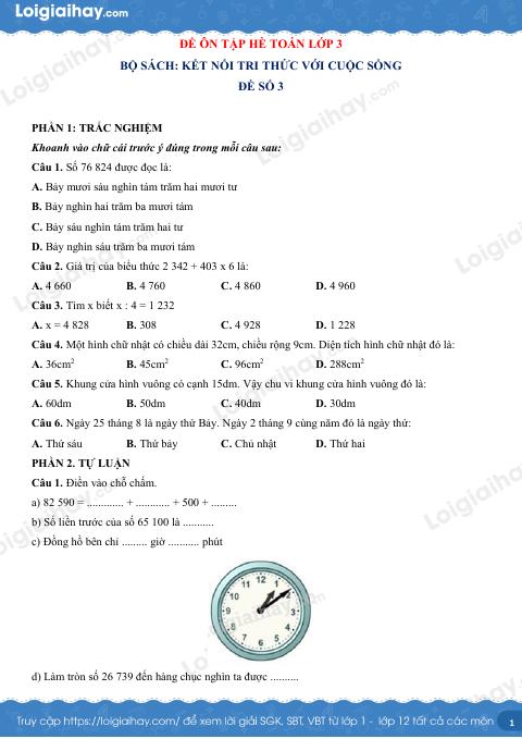 Đề ôn hè Toán 3 lên 4 có lời giải chi tiết - Đề 3